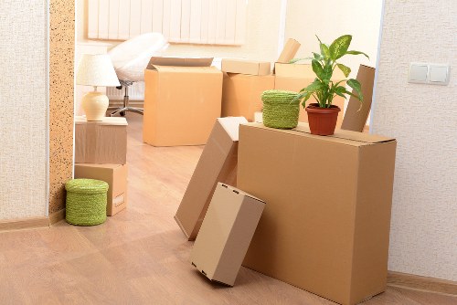 Packed office boxes ready for relocation in West London